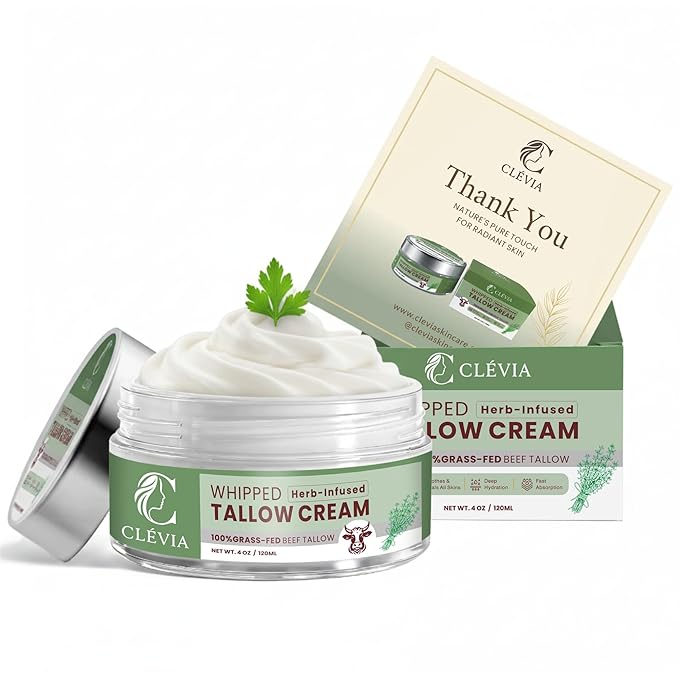 100% Grass-Fed Whipped Tallow Cream - 4 OZ Anti-Wrinkle Face+Body Balm – Organic Beef Tallow with Jojoba Oil – Deep Hydration for Dry, Sensitive & Irritated Skin (Herb-Infused)