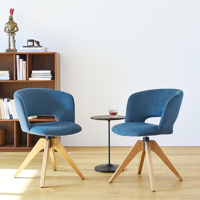 Mid Century Modern Swivel Accent Chair with Solid Wood Legs, Home Office Desk Chair No Wheels, Makeup Chair for Vanity, Upholstered Chair for Bedroom, Blue