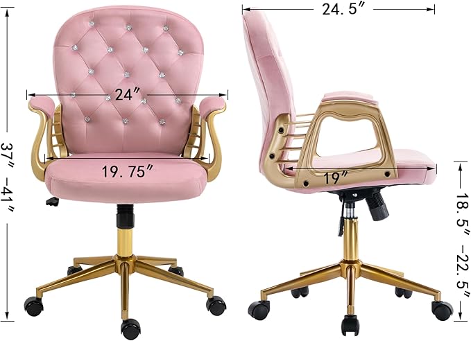 Velvet Home Office Desk Chair Comfy with Gold Legs and Arms, Comfortable Makeup Vanity Chair with Back and Wheels, Button Tufted Armchair Swivel Rolling Study Chair for Girls Women,Pink