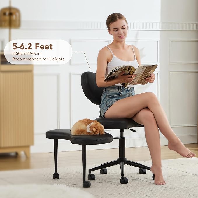 Ergonomic Cross Legged Chair with Wheels,360° Swivel Meditation Chair,ADHD Chair, Criss Cross Desk Chair with Lumbar Support and Adjustable Stool, Flexible Design for Fidgety Sitters, Black PU