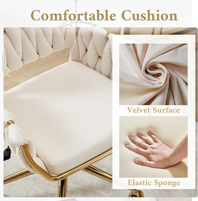 civama Velvet Office Desk Chair with Hand Woven Backrest, 360°Swivel & Height Adjustable Cute Girls Vanity Vlog Chairs, Nail Salon Bedroom Dressing Room Armchair with Gold Base and Wheels (Beige)