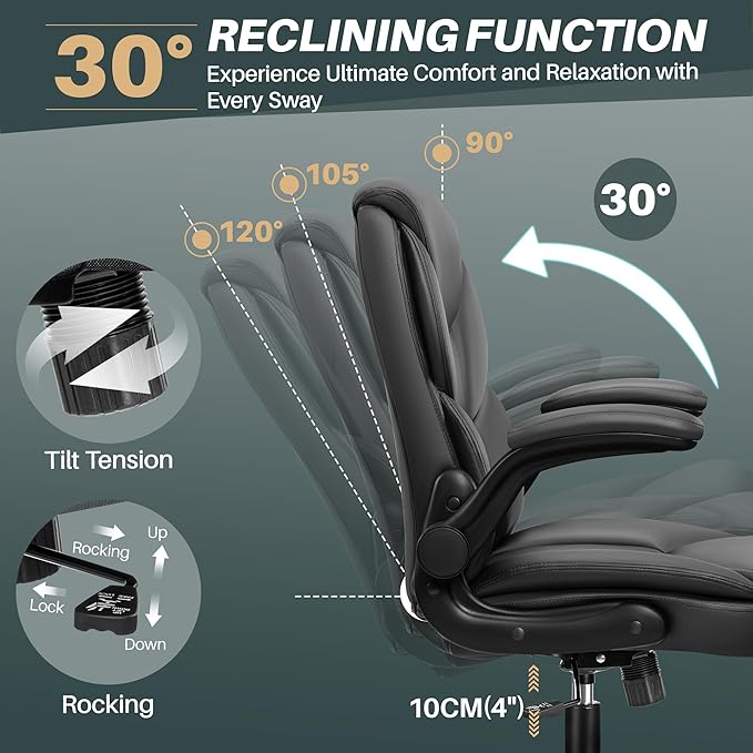 FelixKing Leather Office Chair - Small PU Ergonomic Desk Chair, Comfy Computer Chair with Wheels and Flip-up Armrests, Adjustable Height Mid Back Executive Office Chair for Short People-Black