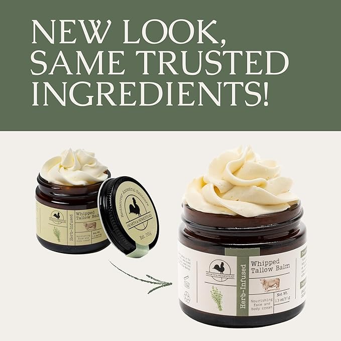 Hearth and Homestead: Handmade Whipped Tallow Balm (Unscented/Herb-Infused) - Organic Body Butter with Infused Olive Oil, for Eczema, Rosacea, Baby - 1.3 oz