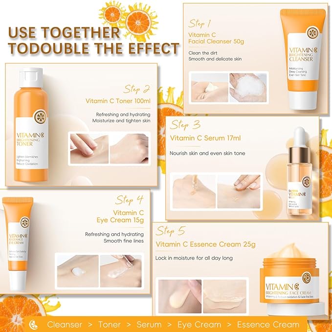 5PCS Vitamin C Skincare Set, Complete Face Care Kit with Cleanser, Toner, Serum, Eye Cream and Face Cream, Moisturizing Anti-Aging Skin