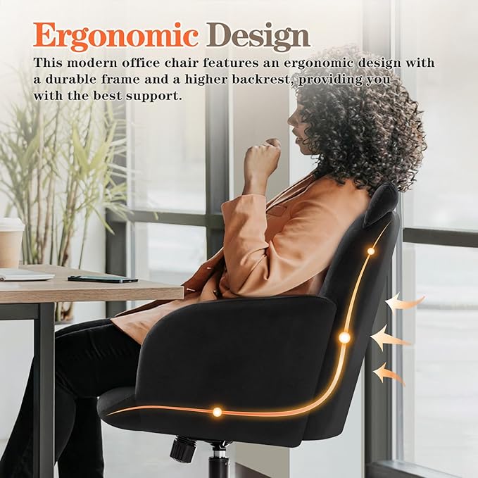 IWMH Home Office Chair Wide Seat Desk Chair Cute Velvet Swivel Vanity Chairs Cat Themed Computer Task Chairs with Wheels Upholstered Modern Accent Armchair for Living Room Bedroom Study Makeup Black