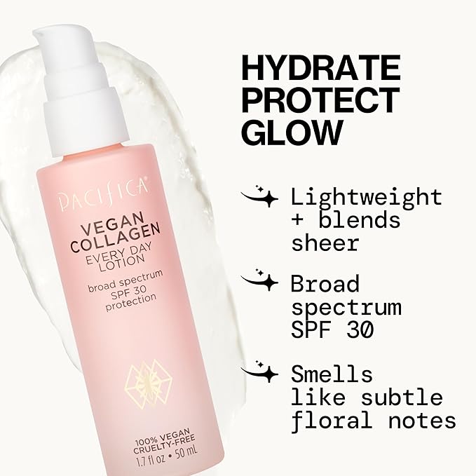 Pacifica Beauty Vegan Collagen SPF 30 Broad Spectrum Sunscreen Every Day Face Lotion,UVA/UVB Protection for All Skin Types,Lightweight,Moisturizing & Hydrating,Cruelty Free,White,1.7 Fl Oz,(Pack of 2)