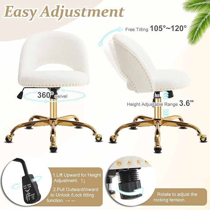 VINGLI Modern Teddy Fluffy Small Office Chair,Cute Desk Chair with Wheels,Gold Base/Studs, Comfy Armless Swivel Vanity Task Chair for Women/Girl/Kids, Nail Tech Chair for Bedroom,Small Space,White