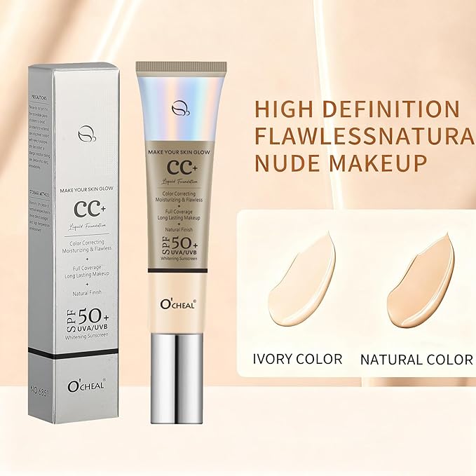 O'CHEAL CC Foundation with SPF 50+, Full Coverage Moisturizer Color Correcting Cream Concealer Powder Foundation, Lightweight Waterproof Oil-Free Pre-makeup Primer for All Skin Types (Nature)