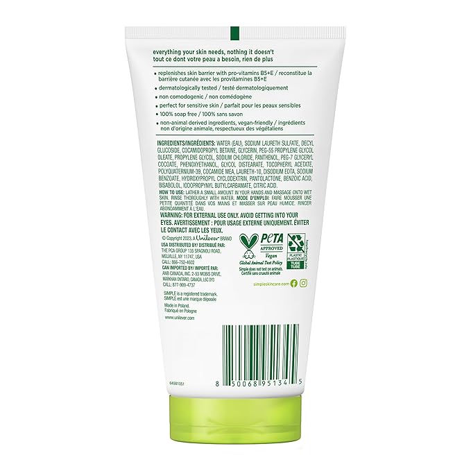 Simple Kind To Skin Moisturizing Face Wash - Facial Cleanser with Vitamin B5 and E - Removes Oil, Dirt, and Other Impurities - Sulfate Free - 2 pc