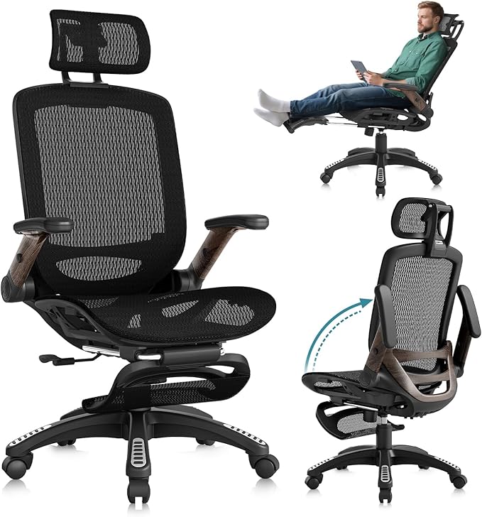 GABRYLLY Ergonomic Office Chair with Footrest, High Back Mesh Computer Chair with Flip-Up Arm, 3D Headrest, 135° Reclining, Rolling Gaming Task Chair with Wide Seat Lumbar Support,300LBS