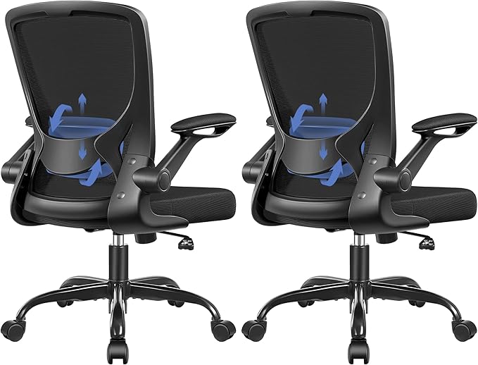 Ergonomic Office Chair, Mesh Computer Chairs with Lumbar Support, Swivel Desk Chair with Flip-up Arms and Adjustable Height, Black Pack of 2