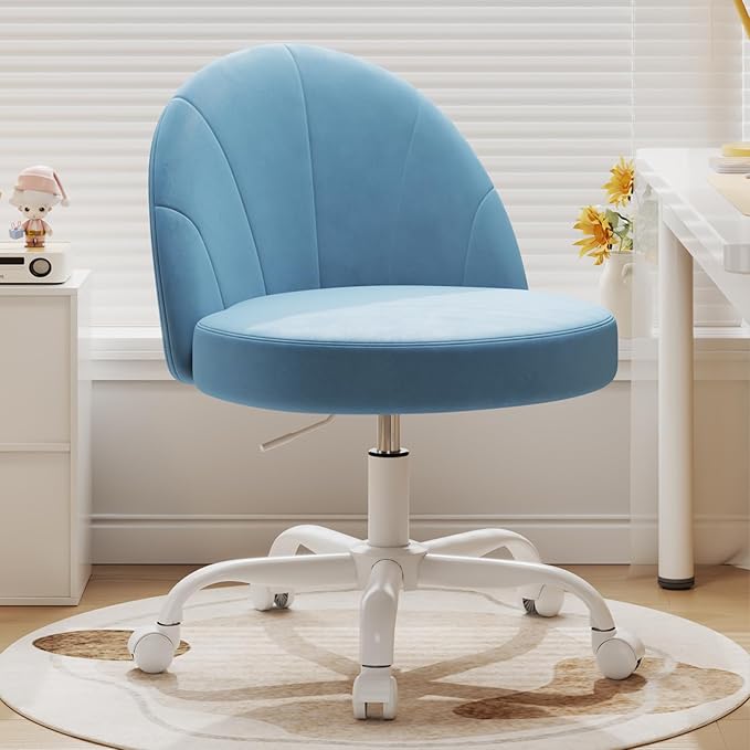 Velvet Vanity Chair with Wheels, Height Adjustable Swivel Makeup Chair, Armless Small Desk Chair for Bedroom/Office/Vanity Table, 250 lbs Capacity (Velvet, Blue)