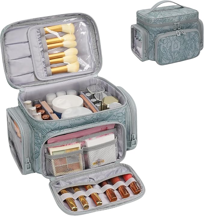 Large Makeup Bag, Portable Travel Makeup Bag Organizer for Women Girls with Makeup Brush Compartment & Two Side Pockets, Cosmetic Travel Bag Vertical Storage Toiletry - Floral Blue