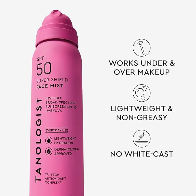 Tanologist SPF 30 Super Shield Face Mist, Broad Spectrum SPF Face Sunscreen Spray, Lightweight Non-Greasy Mist with Antioxidants, Cooling Formula, 2.5 fl. oz/73 ml Bottle