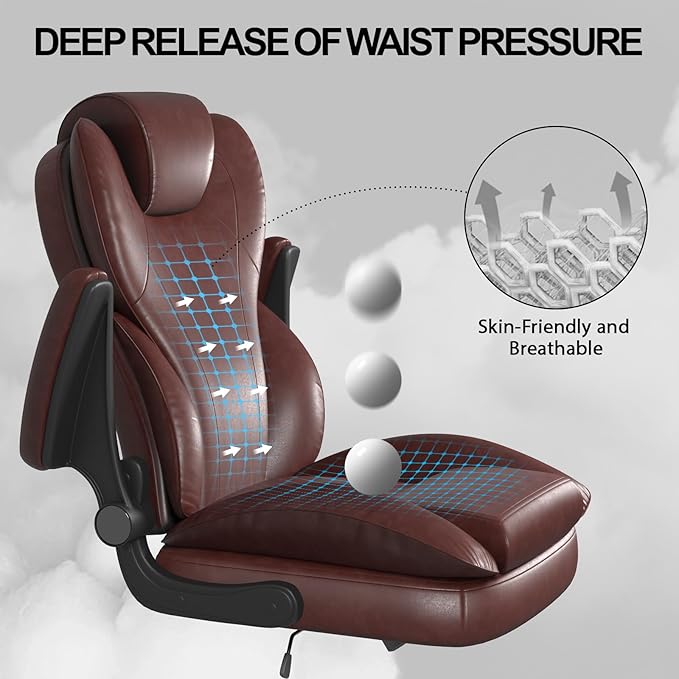Hovos Office Chair, Ergonomic Big and Tall Desk Leather Chair with Padded Flip-up Arms, Adjustable Tilt Lock, Heavy Duty Swivel Rolling Computer Chair for Home Office, Brown