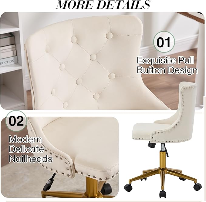 Velvet Armless Home Office Desk Chair, Swivel Height-Adjustable Small Cute Vanity Chair for Women/Girls, Comfy Makeup Chair with Rivet and Gold Base for Living Room, Bedroom(Beige)