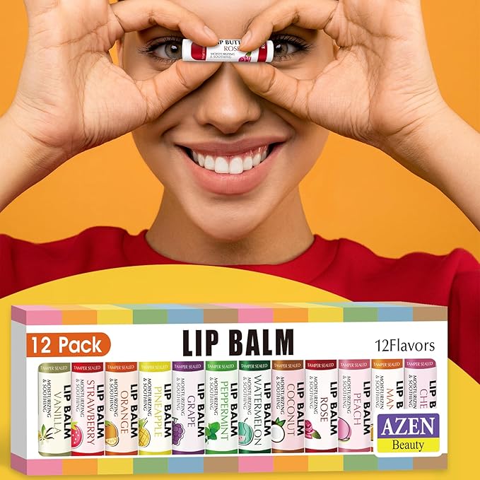 AZEN 12 Pack Lip Balm, Natural Lip Balm Bulk, Lip Care Product, Moisturizing Lip Balms for dry cracked lips, Valentines Gifts Easter Basket Stuffers - 12 Flavors