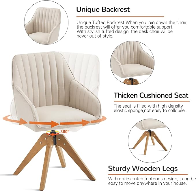 Furniliving Mid Century Modern Swivel Accent Chair for Living Room Set of 2, Wood Desk Chair with Arms Mid Back Arm Chairs Upholstered Vanity Chair No Wheels for Home Office/Bedroom, Faux Linen Beige