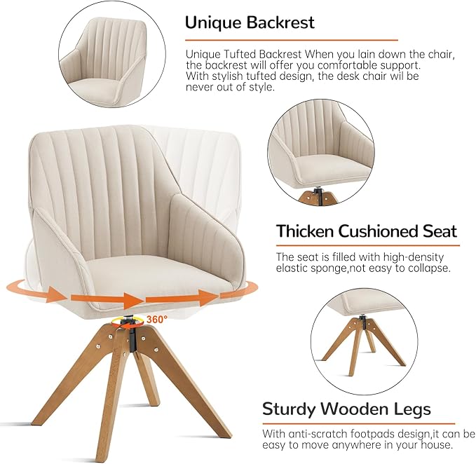 Furniliving Mid Century Modern Swivel Accent Chair for Living Room, Wood Desk Chair with Arms Mid Back Arm Chairs Upholstered Vanity Chair No Wheels for Home Office/Bedroom, Faux Linen Beige