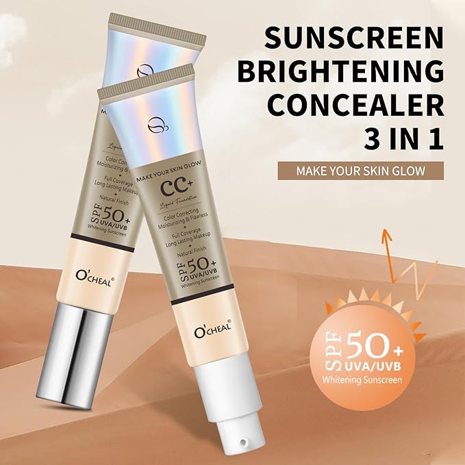O'CHEAL CC Foundation with SPF 50+, Full Coverage Moisturizer Color Correcting Cream Concealer Powder Foundation, Lightweight Waterproof Oil-Free Pre-makeup Primer for All Skin Types (Nature)