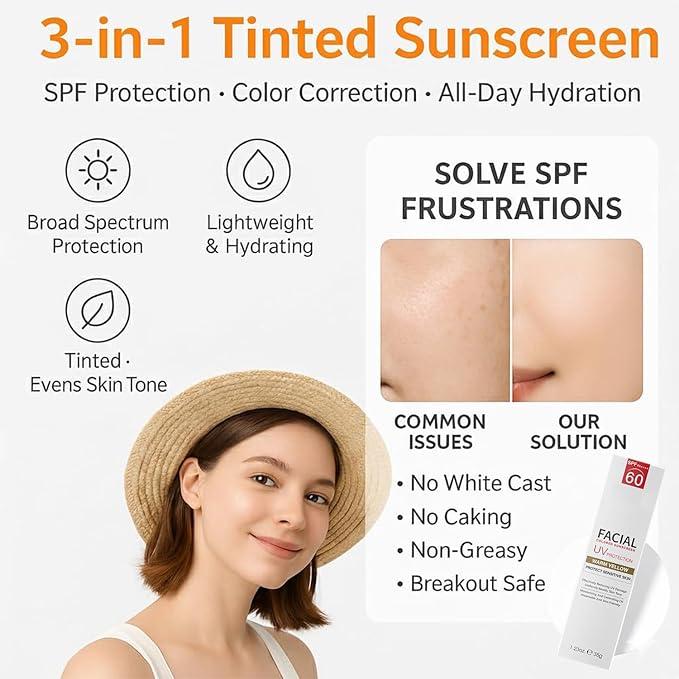 Tinted Mineral Face Sunscreen SPF 60, Tinted Moisturizer with SPF & Hyaluronic Acid, Mineral Sunscreen for Dry Sensitive Skin, Against UVA and UVB Rays, Ultra-Lightweight, Non-Greasy