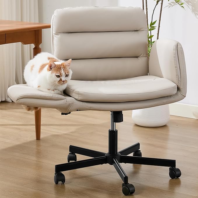 Criss Cross Chair with Flip-Up Arms & Swivel Wheels, Vanity Chair with Adjustable Height & Side Pockets, Comfortable Wide Seat Reclining Computer Office Desk Chairs for Home Office, Make Up, Bed Room