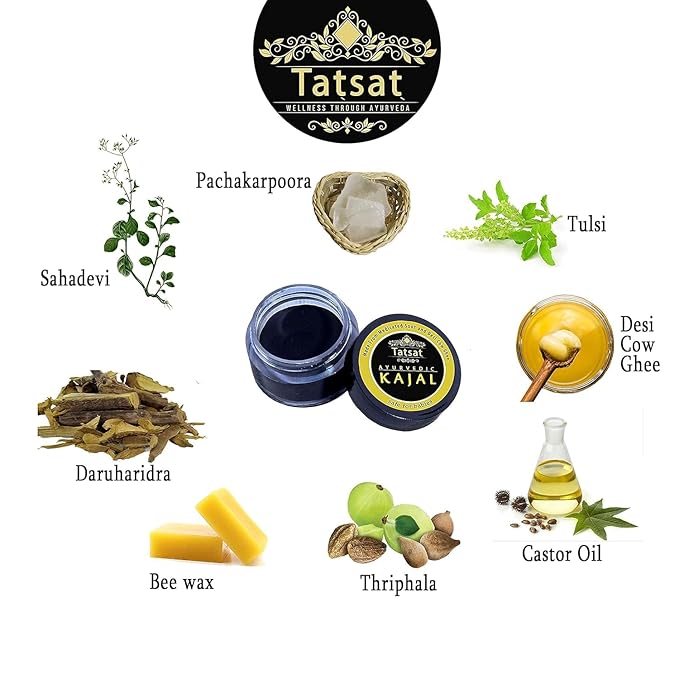 TATSAT - WELLNESS THROUGH AYURVEDA BABY Kajal,Natural,herbal and ayurvedic With Medicated Soot And Desi Cow Ghee|Safe For Babies|Lab Tested|No Preservatives, Black, Matte Finish