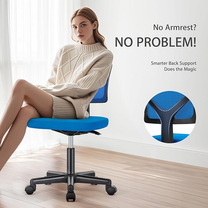 NEWBULIG Home Office Desk Chair, Armless Ergonomic Swivel Computer Chair with Wheels, Adjustable Height and Low-Back Mesh Design, Rolling Chair with Lumbar Support and Comfortable Seat, Blue