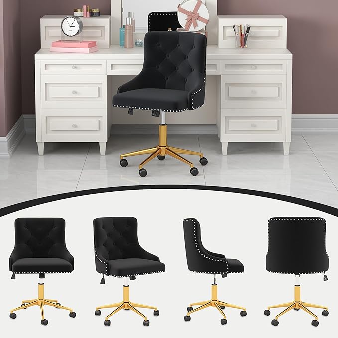 Westice Velvet Desk Chairs, Upholstered Swivel Comfy Makeup Vanity Chair with Tufted Back, Gold Metal Base & Wheels, Height Adjustable Chair for Girls, Bedroom Living Room, Black