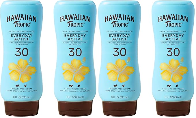 Hawaiian Tropic Everyday Active Lotion Sunscreen SPF 30,8Fl Oz,Hawaiian Tropic Sunscreen SPF 30,Sunblock,Oxybenzone Free-Sunscreen,Broad Spectrum-Sunscreen Pack,8Fl Oz each,(Pack of 4)