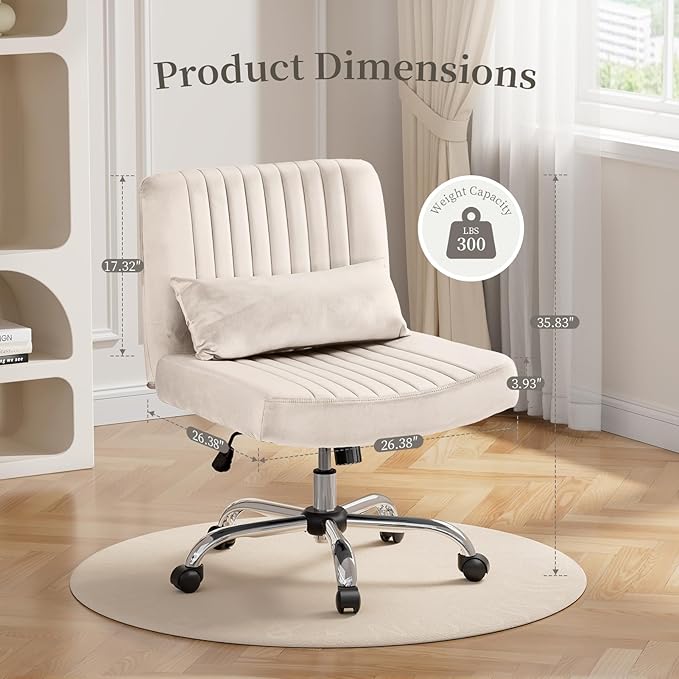 Velvet Office Chair, Luxury Criss Cross Chair with Wheels, Comfy Cross Legged Desk Chair for Home Office, Height Adjustable Vanity Chair, Wide Seat Computer Chair, Gift for Girlfriend, Beige