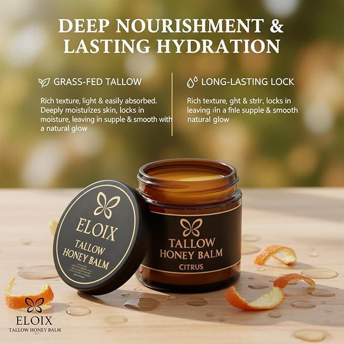 Tallow Honey Balm, Beef Tallow for Skin, Organic Grass Fed Beef Tallow Balm with Raw Honey, Moisturizing Cream for Soft, Natural Body Moisturizer for All Skin Types