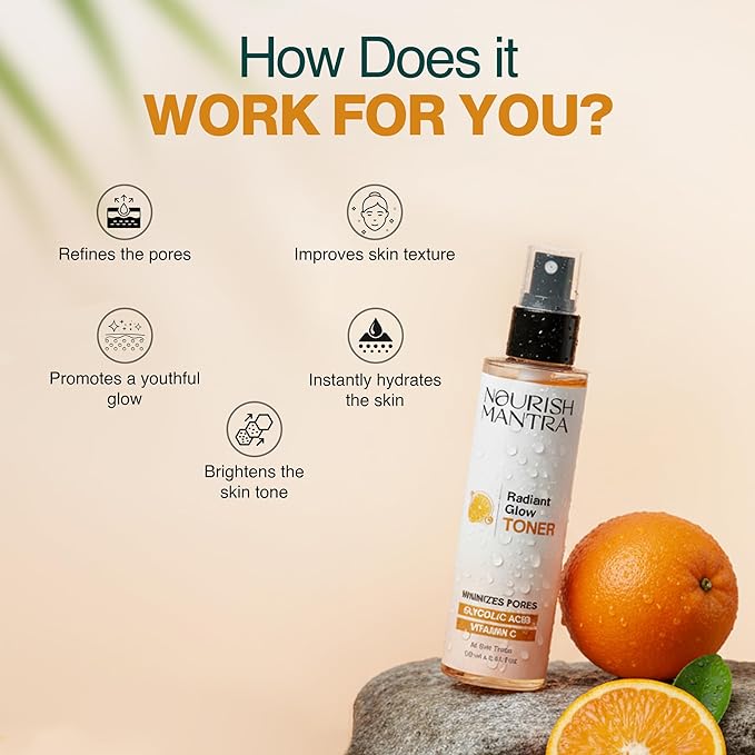 Nourish Mantra Radiant Glow Face Toner/Formulated with Vitamin C, Glycolic Acid, and Vitamin B5 for Glowing Skin & Pore Tightening Toner/Men & Women -150ml