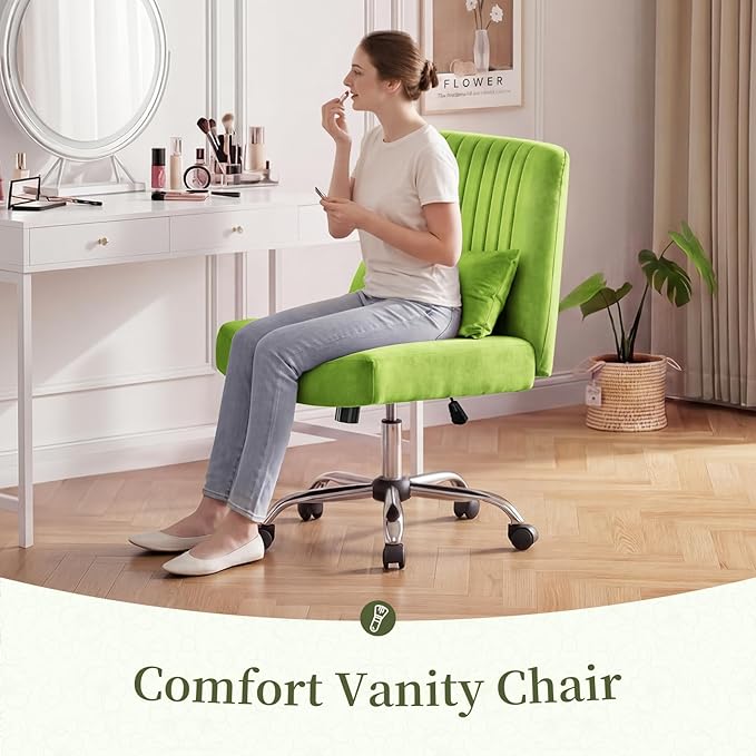 Warmiehomy Velvet Cross Legged Office Chair, Comfy Desk Chair for Home Office, Criss Cross Chair with Wheels, Height Adjustable Vanity Chair, Swivel Wide Seat Computer Chair Gift, Light Green