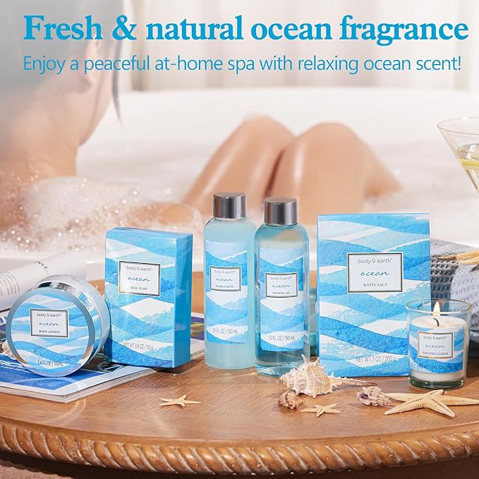 Bath and Body Gift Set for Women, Body & Earth Ocean Gift Basket, 7 Pcs Bath Sets for Women Gift with Bubble Bath, Body Lotion, Scented Candle, Spa Kit for Her, Mother's Day Gifts for Mom