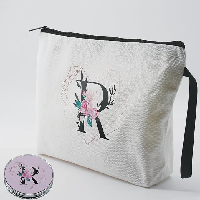 Personalized Initial R floral Makeup Bag set with Mirror for Women,White Ietter R Bride Bridesmaid travel Cosmetic bag kit with10 pieces pink brush set,Initial Gifts for Girls Mom femal Friends