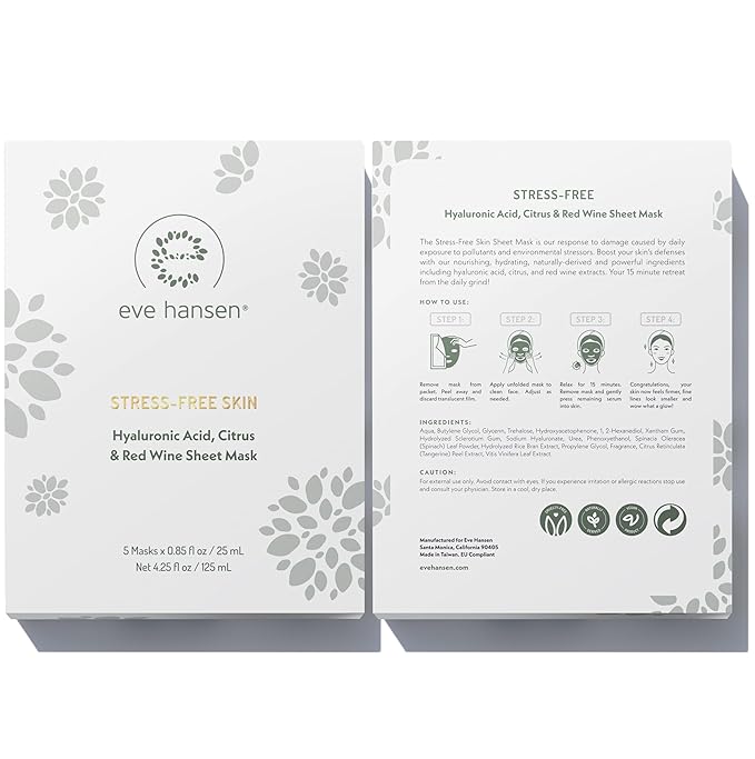 Eve Hansen Skincare Set: 5 Hyaluronic Face Mask Sheets & 8 oz Organic Rose Water Spray – Deep Hydration, Antioxidant Care & Refreshing Toner – Set of 2 Products for All Skin Types