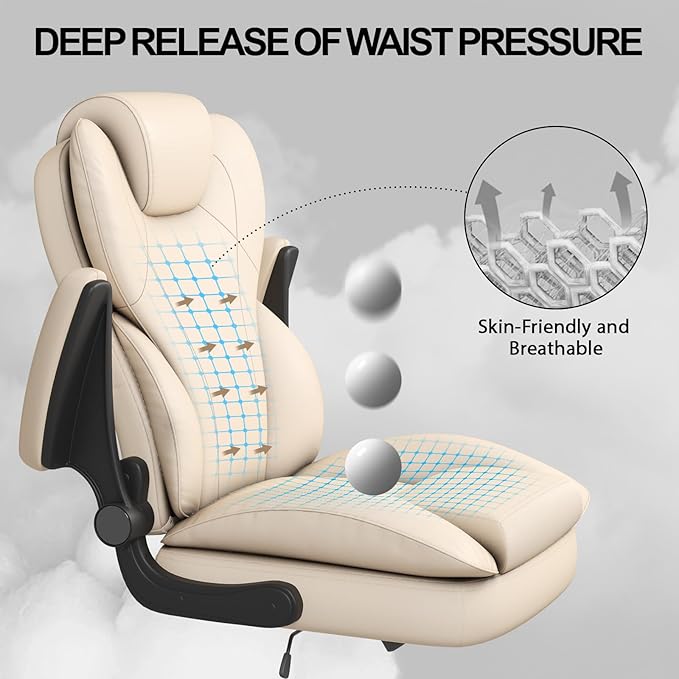 Hovos Office Chair, Ergonomic Big and Tall Desk Leather Chair with Padded Flip-up Arms, Adjustable Tilt Lock, Heavy Duty Swivel Rolling Computer Chair for Home Office, Beige