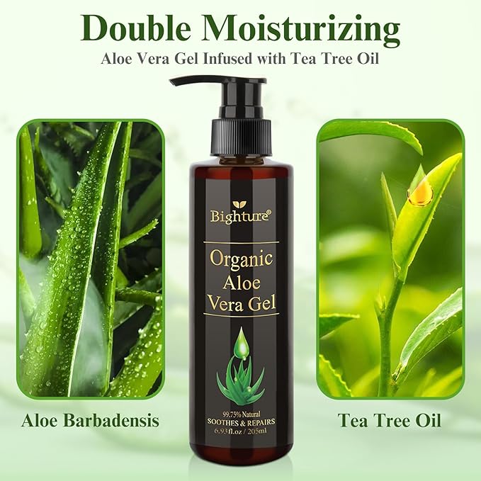 Aloe Vera Gel Infused with Tea Tree Oil for Skin Hydrating, Repair Skin, Aloe Vera Gel Extract from Fresh Pure Aloe Vera for Sunburn Relief, Hair, Razor- 6.76 Fl Oz