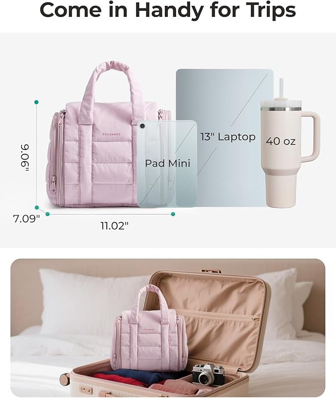 BAGSMART Hanging Toiletry Bag with Removable Partition, Puffy Water-resistant Fabric, Cosmetic Bag Makeup Bag for Full Sized Toiletries, Nude Pink