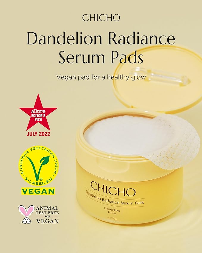CHICHO Dandelion Radiance Serum Pads (90 Pads) – Jumbo 8cm Quick Mask Toner Pads – 80.2% Dandelion Biome + Lotus, Vegan pH 5.2, Sensitive Skin