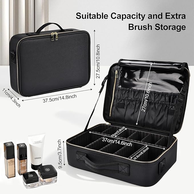 Travel Makeup Bag with Brush Holder, Professional Cosmetic Train Case Organizer, Portable Travel Makeup Brush Carry Case Artist Storage Box with Adjustable Dividers and Shoulder Strap, Leather Black