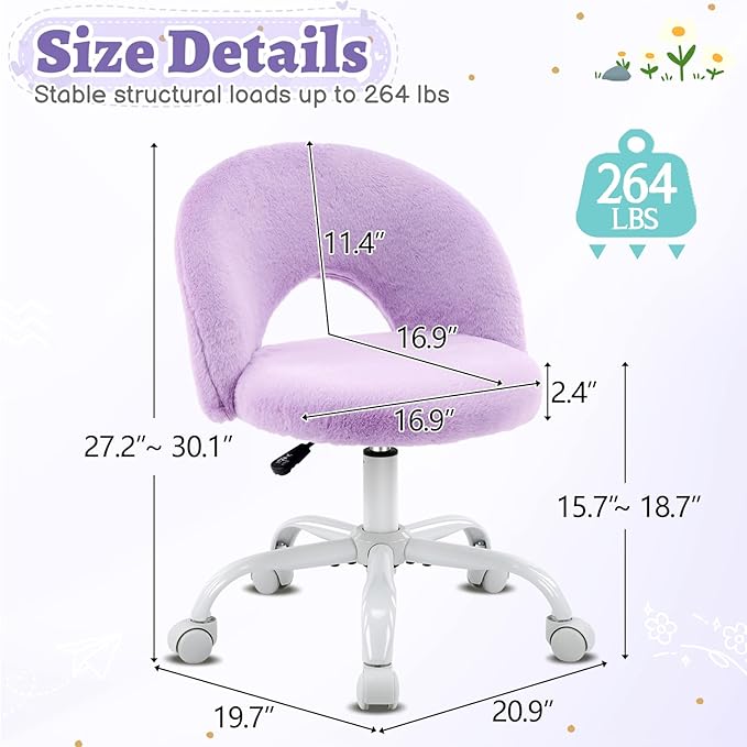 VINGLI Small Vanity Chair with Faux Fur Wheels for Girls,Cute Adjustable Height Armless Office Desk Chair,360°Swivel Comfy Rolling for Study,Make up Room,Small Space,Purple