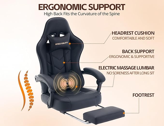 Office Chair Breathable Leather with Pocket Spring Cushion, Wide and High Ergonomic Computer Gaming Chair with Headrest and Footrest for Adult, Black