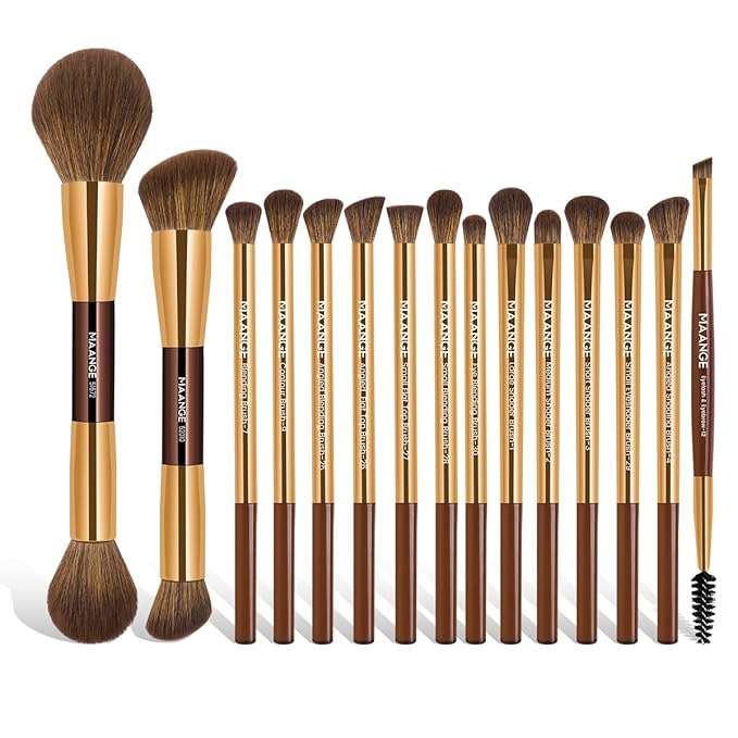 MAANGE 15 PCS Makeup Brushes Double-ended Makeup Brush Set Double Sided Angled/Round Top Brush Foundation Contour Blending Eyebrow Eyeshadow Concealer (Coffee Gold)