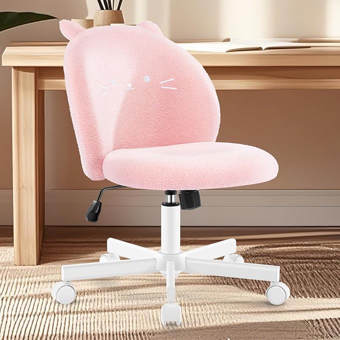 Vanity Chair with Cat Back,Armless Desk Chair Cute Small Office Chair,Teddy Fabric Computer Chair with Adjustable Height,120°Tilting,Rolling,Swivel for Vanity,Kids Room,Office,Bedroom Pink