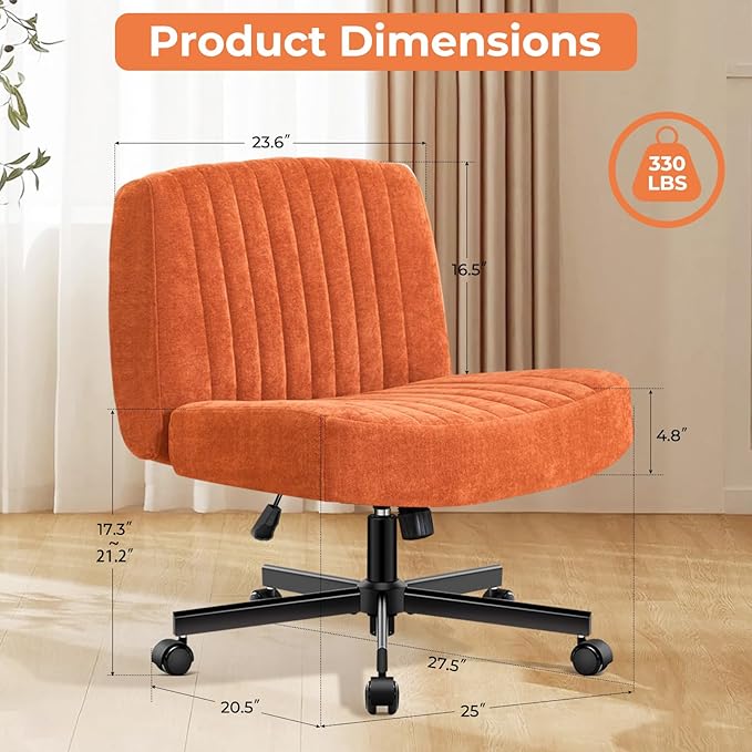 Convertible Base Criss Cross Chair with Pocket Springs & Thicker and Wider Cushions, Armless Legged Office Chair Relieves Back Pain, Swivel Vanity Chair for Living Room/Office, Orange