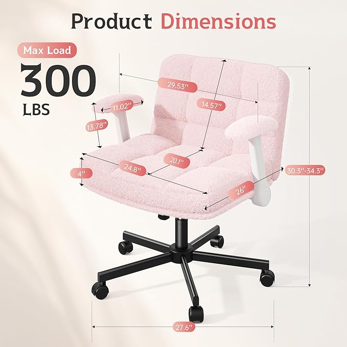 Criss Cross Chair with Wheels and Flip-up Arms, Adjustable Height, Teddy Plush Fabric,Pink, for Bedroom, Home Office, Apartment,Vanity