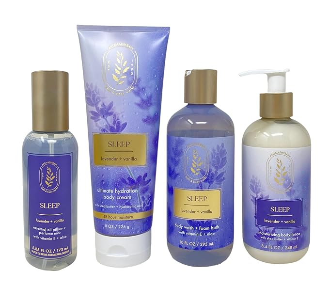 Bath & Body Works Aromatherapy Sleep Lavender + Vanilla Essential Oil Pillow + Perfume Mist, Ultimate Hydration Body Cream, Body Wash & Foam Bath and Body Lotion with a Lavender Dream Bar Soap