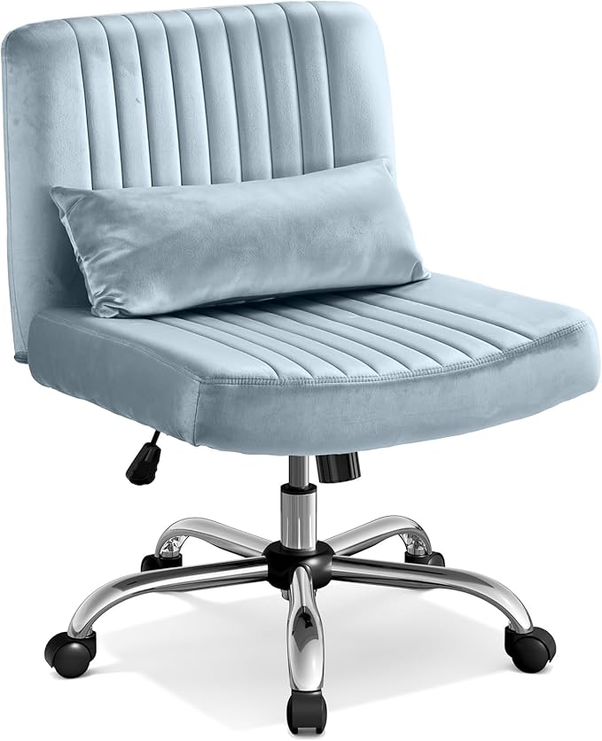 Criss Cross Office Chair with Wheels, Velvet Cross Legged Desk Chair for Bedroom, Armless Computer Chair, Modern Vanity Chair, Festival for Adults, Light Blue